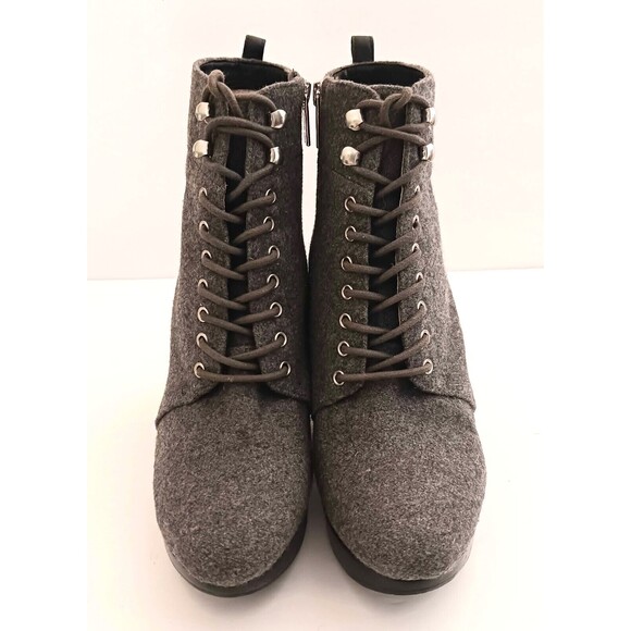 Michael Kors Gray Wool Platform Wedge Bootie Lace Up Blk Stacked Wood Heel Sz 8 - Picture 8 of 13